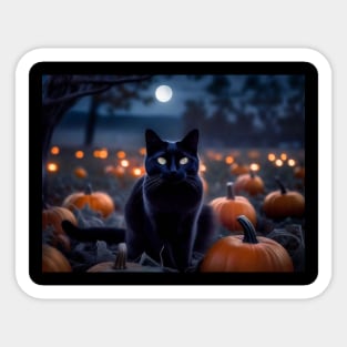 Sleek black cat in a pumpkin patch Sticker